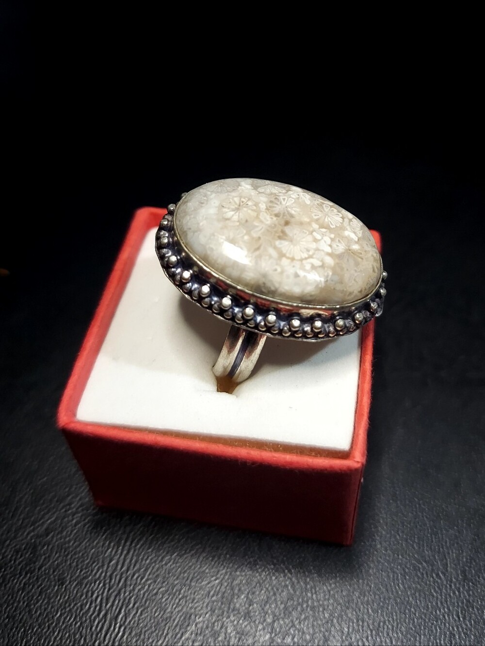 Handcrafted Eggshell Fossil Coral Oversized Oval Ring  (8.5)